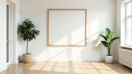 Bright minimalist room interior design with blank frame, potted plants, and hardwood floor