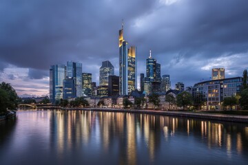 Obraz premium Gleaming skyscrapers of a city skyline at dusk.
