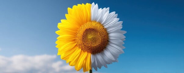 A daisy flower with half yellow and half white petals against a clear blue sky.