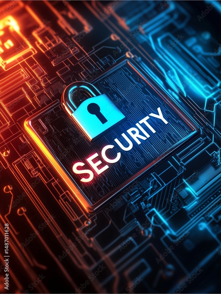 Poster cybersecurity lock: a symbolic representation of digital security and protection, with a glowing pad