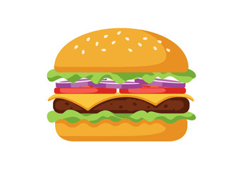 Cartoon Burger with Fresh Ingredients on White Background