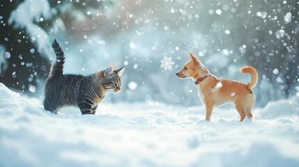 Cat and Dog in a Snowy Landscape: A cat and dog playing in the snow, with snowflakes falling around them.
