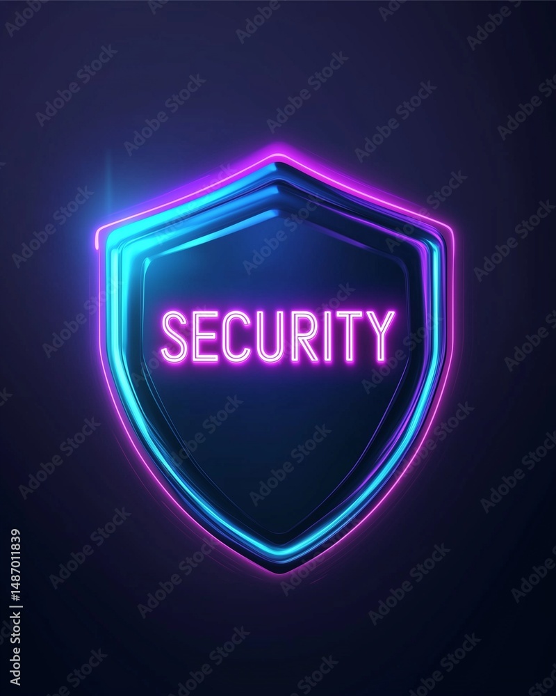 Poster digital security shield: a glowing neon shield emblazoned with the word 
