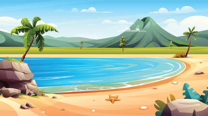 Tropical beach with palm trees, mountain view and starfish on sand. Vector cartoon illustration