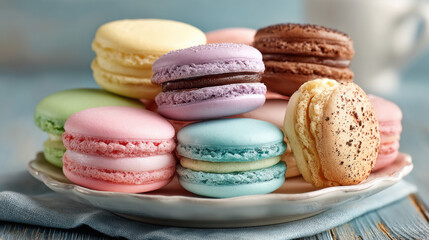 Obraz premium Colorful Pastel Macarons Stacked on a Plate