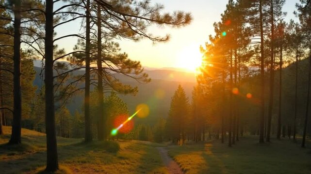 Scenic view of sunlit pine trees in a tranquil forest during midday