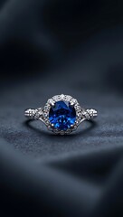 Elegant sapphire ring with platinum setting placed on a deep charcoal-gray background under soft studio lighting, highlighting luxury, clarity, and fine gemstone detailing.

