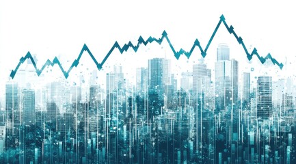 Declining market trends overlaid on a city skyline.  Graphic shows a fluctuating line graph of economic data that is trending downward, placed over an image of skyscrapers and urban architecture