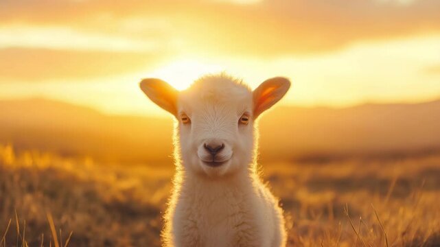 Innocent baby lamb in golden sunrise glow. 
