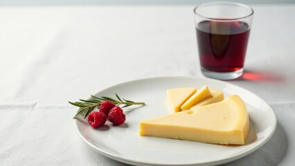 Aromatic Rosemary and Sweet Raspberries Accompany a Selection of Creamy Cheese and a Glass of Ruby Red Wine on a Pristine White Table Setting