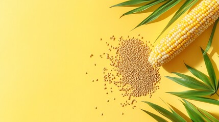Minimalist composition of corn, grains, and palm leaves on a yellow canvas