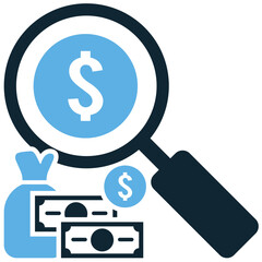 Money search icon vector for fund finding, capital tracking, and financial hunt. Ideal for budgeting, auditing, and personal finance monitoring.