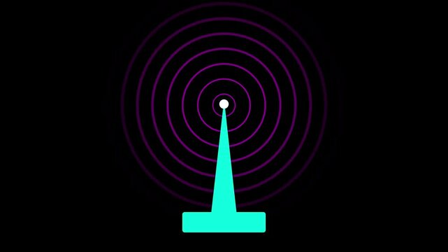 Radio waves signal tower connective network icon animation on a black background.