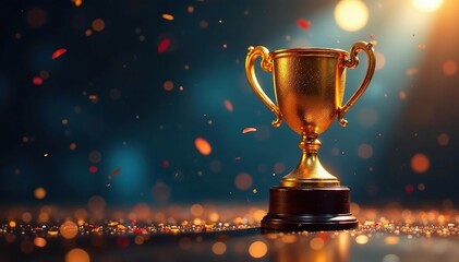 Golden trophy on a sparkling stage, confetti falling , shiny, top