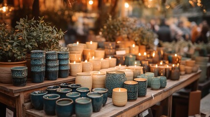 Illuminated Artisan Candles and Pottery at Twilight Market