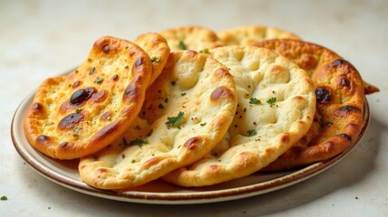 A plate of freshly baked, golden-brown flatbreads, delicately seasoned and garnished with fresh herbs, presents a tempting culinary image.