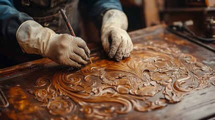 Expert craftsman meticulously detailing ornate wood carving with fine tool