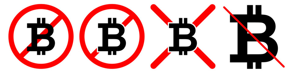 No bitcoin icon vector for anti-crypto policy, restricted digital currency, and financial warning. Ideal for regulation apps, security alerts, and fintech compliance.