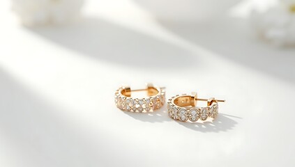 Obraz premium A pair of diamond-studded gold earrings elegantly arranged on a matte white surface, captured with soft shadows and shallow depth of field for a refined, premium look.