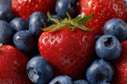 Fresh strawberries and blueberries with water droplets. - Powered by Adobe