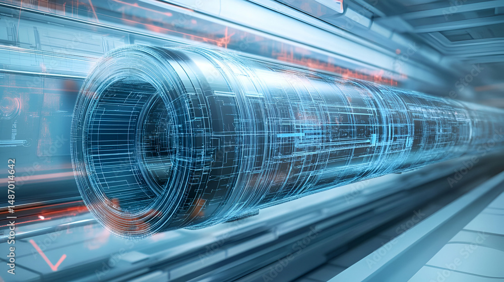 Poster futuristic transportation system: glowing data stream in a high tech tunnel