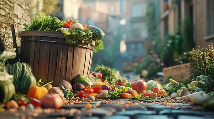 Freshly Harvested Bounty Overflowing from Wooden Barrel in European Village