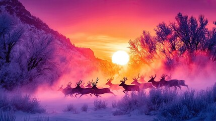 Enchanting Winter Sunrise Landscape with Deer Herd Running Through Snow and Frost Covered Trees Majestic Nature Scene with Mountains and Glowing Sunlight Ambiance