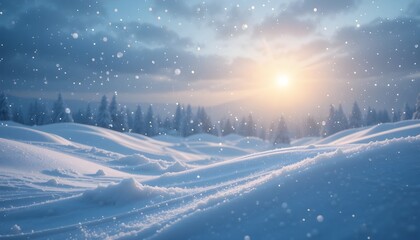 Winter Snow Background with Snowdrifts Beautiful Light and Snowflakes on Blue Evening Sky Banner Format with Copy Space








