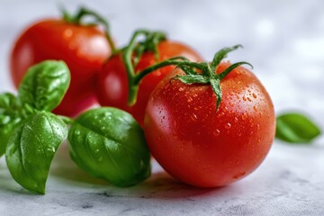 Fresh tomatoes with basil on marble surface.