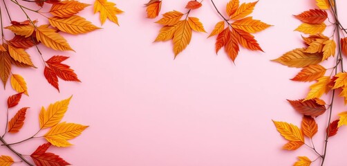 Fototapeta premium Pastel pink backdrop adorned with artfully arranged dried autumn leaves , background, dried leaves