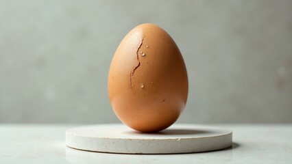 A delicately cracked brown egg, poised precariously on a minimalist circular pedestal, subtly glistening with moisture, evokes a sense of fragility and impending change.