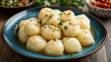 Aromatic potato dumplings served on an ornate blue plate, garnished with herbs