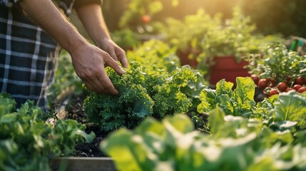 Hands cultivating fresh organic vegetables in a flourishing urban garden