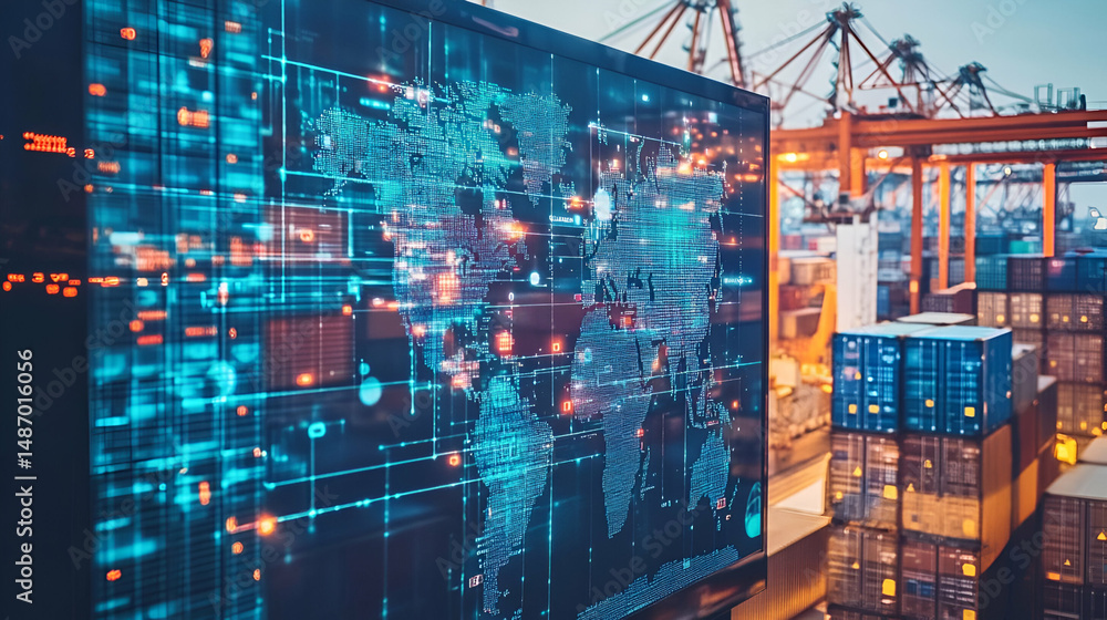 Poster global logistics network: digital world map overlay on cargo containers at a busy port