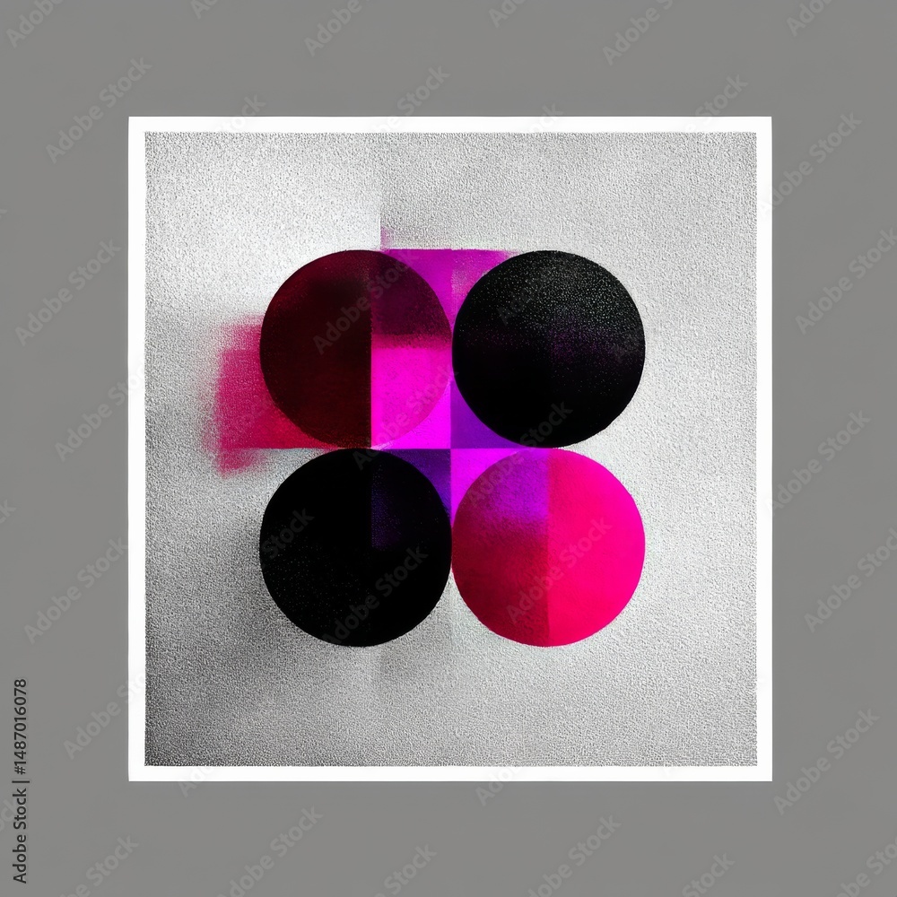 Poster Abstract Pink and Black Circles on Textured Background: A Study in Contrast and Geometry in Minimalist Style.