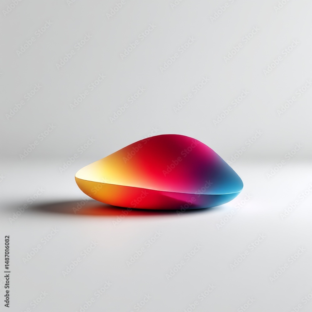 Poster abstract spherical shape in gradient colors on a white surface with soft shadows and reflective effe