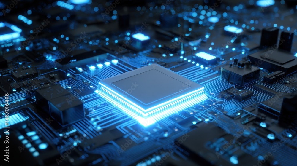 Poster futuristic close-up of a modern microchip on a circuit board with glowing blue lights and intricate 