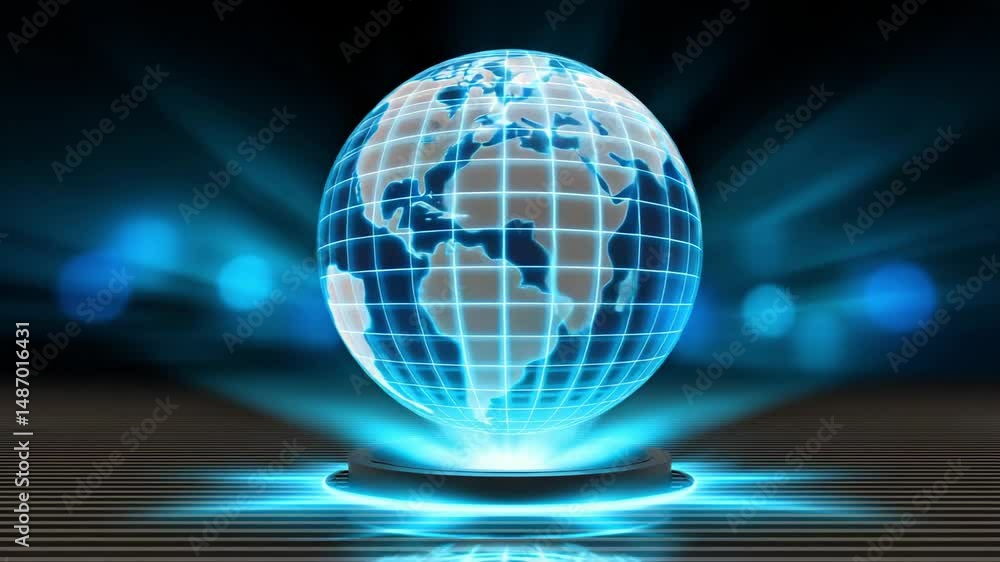 Poster digital hologram projection of earth globe with blue light grid and advanced technology floating