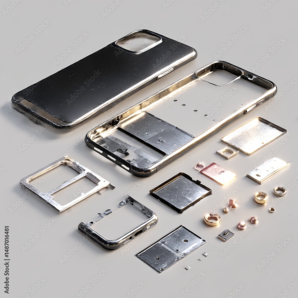 Poster disassembled smartphone: exploded view of metallic components and internal hardware laying on a flat