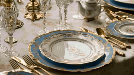 Elegant Gold and Blue Porcelain Dinnerware Setting