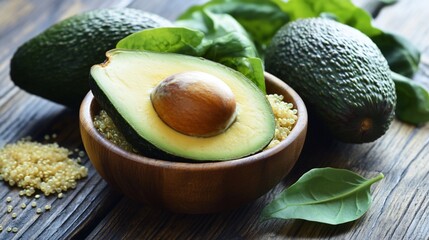 Still life of fresh avocados, spinach and quinoa on wooden table background