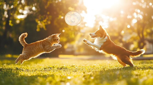 Cat and Dog with a Frisbee: A cat and dog chasing a frisbee in a sunny park, with the dog leaping to catch it. 
