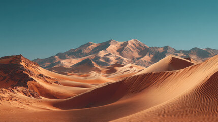 Naklejka premium Orange Sand Dunes and Sunlit Mountains in Arid Landscape