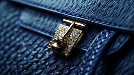 Luxurious Blue Leather Handbag Detail: Golden Clasp Close-up