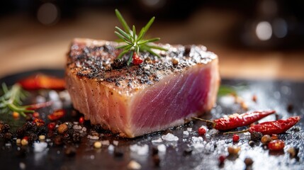 Gourmet seared tuna steak with spices and herbs.
