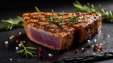 Grilled tuna steak with spices and rosemary on slate.