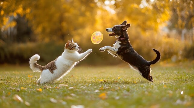 Cat and Dog with a Frisbee: A cat and dog chasing a frisbee in a sunny park, with the dog leaping to catch it. 

