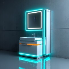 Modern Bathroom Vanity with Neon Lights and Mirror Against Concrete Wall - Futuristic Design