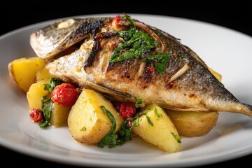 Grilled fish with potatoes and herbs on a white plate.