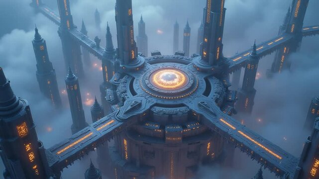 Futuristic city in the sky with advanced architecture and glowing structures